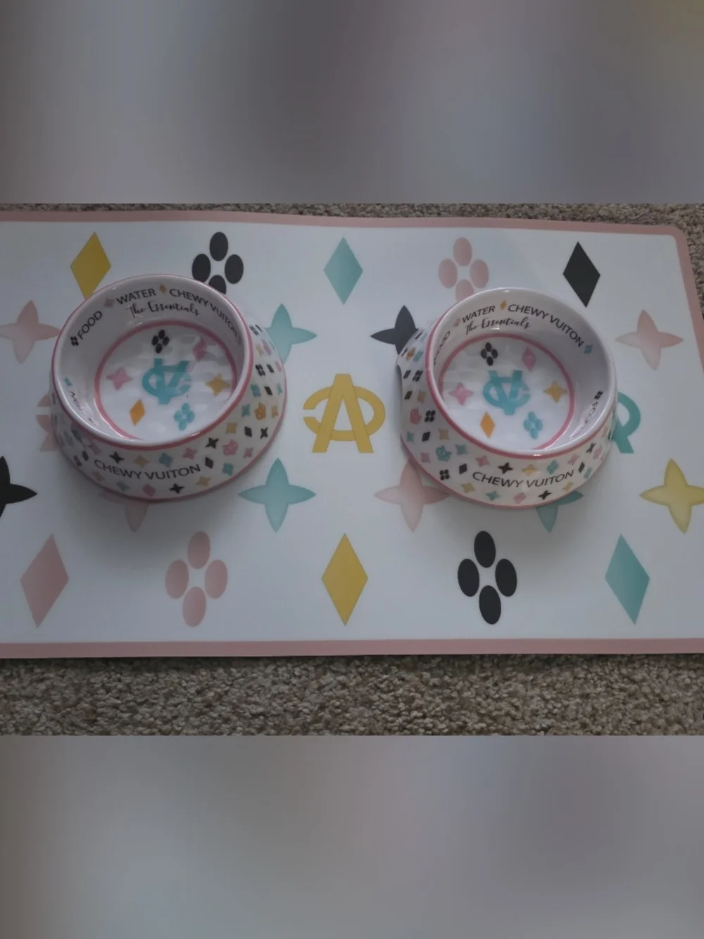 Pink & White Ceramic Dog Bowl Set